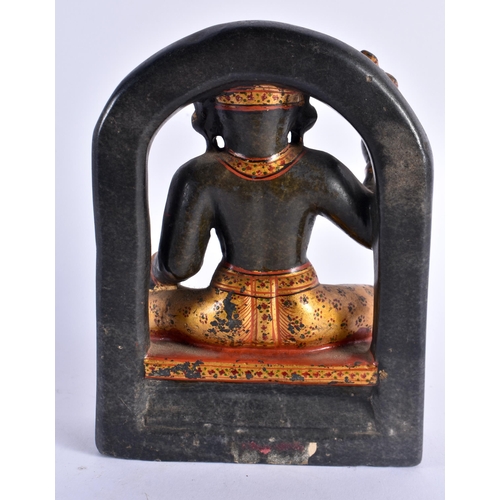 372 - A RARE 18TH/19TH CENTURY INDIAN PAINTED AND LACQUERED STONE BUDDHA possibly jade, formed as a deity ... 