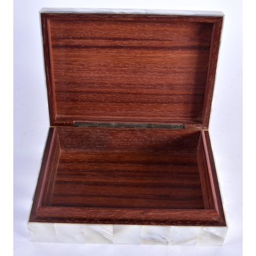 373 - A LOVELY ART DECO MOTHER OF PEARL AND HARDWOOD CIGAR HUMIDOR decorated with landscapes and a sunrise... 