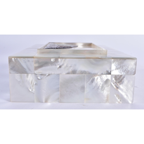 373 - A LOVELY ART DECO MOTHER OF PEARL AND HARDWOOD CIGAR HUMIDOR decorated with landscapes and a sunrise... 