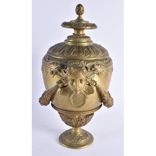 377 - A GOOD MID 19TH CENTURY FRENCH BRONZE TWIN HANDLED VASE AND COVER formed with female mask heads hold... 