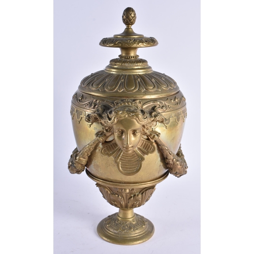 377 - A GOOD MID 19TH CENTURY FRENCH BRONZE TWIN HANDLED VASE AND COVER formed with female mask heads hold... 