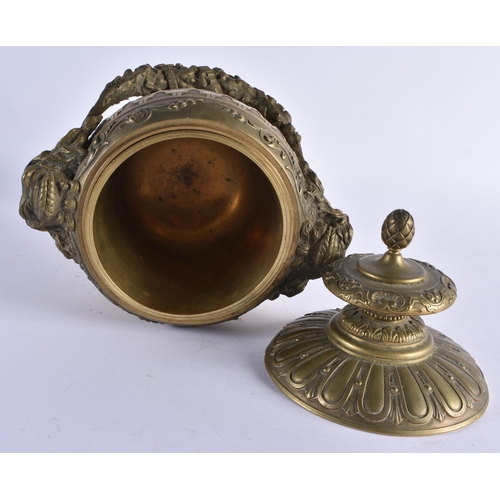 377 - A GOOD MID 19TH CENTURY FRENCH BRONZE TWIN HANDLED VASE AND COVER formed with female mask heads hold... 