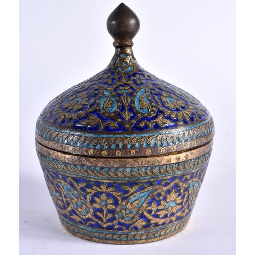 381 - A FINE 19TH CENTURY INDIAN PERSIAN BRONZE AND ENAMEL BOWL AND COVER modelled upon a circular stand, ... 