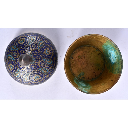 381 - A FINE 19TH CENTURY INDIAN PERSIAN BRONZE AND ENAMEL BOWL AND COVER modelled upon a circular stand, ... 