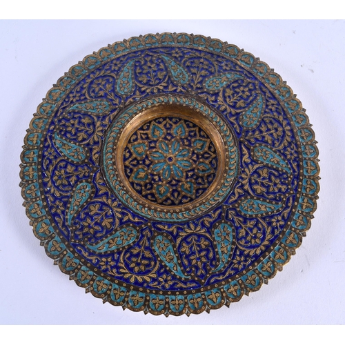 381 - A FINE 19TH CENTURY INDIAN PERSIAN BRONZE AND ENAMEL BOWL AND COVER modelled upon a circular stand, ... 