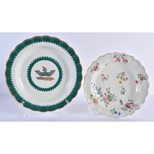 39 - TWO 18TH CENTURY WORCESTER SCALLOPED PORCELAIN PLATES together with a Worcester cup & a Chamberlains... 