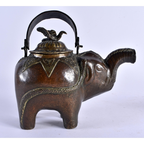 391 - A 19TH CENTURY INDIAN BRONZE ELEPHANT TEAPOT AND COVER together with a smaller Indian elephant plaqu... 