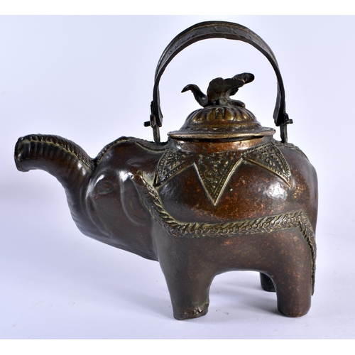 391 - A 19TH CENTURY INDIAN BRONZE ELEPHANT TEAPOT AND COVER together with a smaller Indian elephant plaqu... 