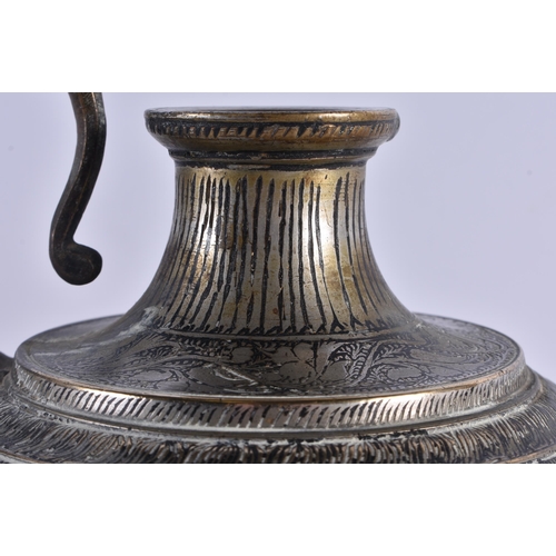 396 - AN 18TH/19TH CENTURY INDO PERSIAN BRONZE AND SILVER INLAID HOOKAH PIPE BASE decorated with scripture... 