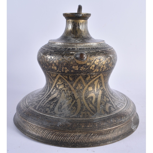 396 - AN 18TH/19TH CENTURY INDO PERSIAN BRONZE AND SILVER INLAID HOOKAH PIPE BASE decorated with scripture... 