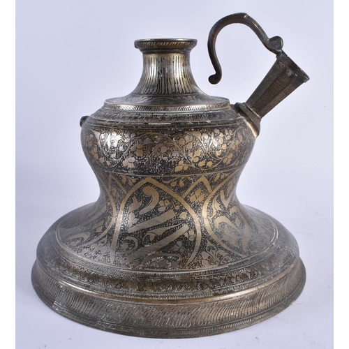 396 - AN 18TH/19TH CENTURY INDO PERSIAN BRONZE AND SILVER INLAID HOOKAH PIPE BASE decorated with scripture... 