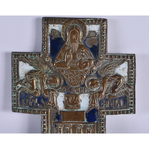 399 - A LARGE 18TH CENTURY RUSSIAN BRONZE AND ENAMEL CRUCIFIX decorated with a corpus Christi, the reverse... 