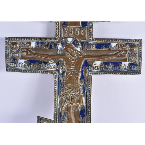 399 - A LARGE 18TH CENTURY RUSSIAN BRONZE AND ENAMEL CRUCIFIX decorated with a corpus Christi, the reverse... 