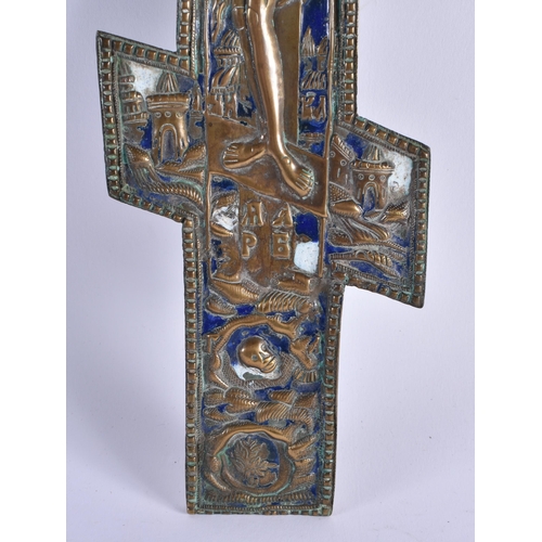 399 - A LARGE 18TH CENTURY RUSSIAN BRONZE AND ENAMEL CRUCIFIX decorated with a corpus Christi, the reverse... 