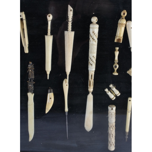 404 - A GOOD COLLECTION OF FIFTEEN 19TH CENTURY FRAMED NOVELTY BONE STANHOPES together with a figural lett... 