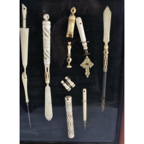 404 - A GOOD COLLECTION OF FIFTEEN 19TH CENTURY FRAMED NOVELTY BONE STANHOPES together with a figural lett... 