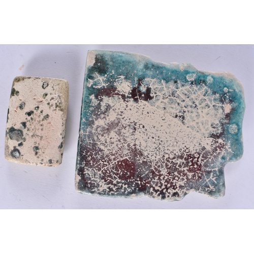 407 - TWO EGYPTIAN FAIENCE GLAZED PANELS possibly Antiquity. Largest 12 cm x 9.5 cm. (2)