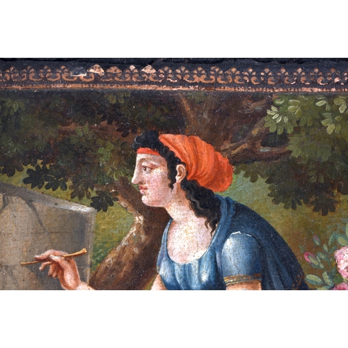 416 - A LOVELY EARLY 19TH CENTURY FRENCH PAINTED LEATHER CARD TRAY depicting a female repairing a marble p... 