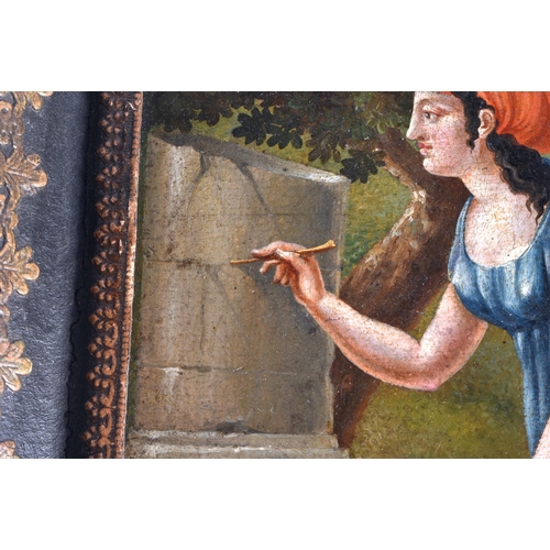 416 - A LOVELY EARLY 19TH CENTURY FRENCH PAINTED LEATHER CARD TRAY depicting a female repairing a marble p... 