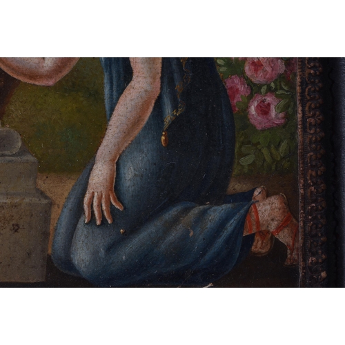 416 - A LOVELY EARLY 19TH CENTURY FRENCH PAINTED LEATHER CARD TRAY depicting a female repairing a marble p... 