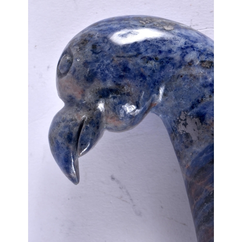 420 - A MIDDLE EASTERN CARVED LAPIS LAZULI BIRD HEAD HANDLES NIELLO DAGGER. 35 cm long.