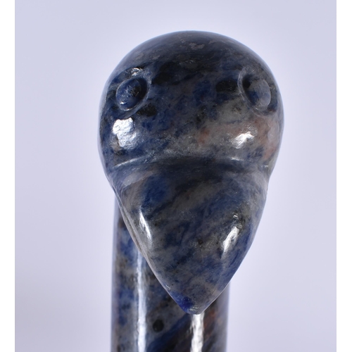 420 - A MIDDLE EASTERN CARVED LAPIS LAZULI BIRD HEAD HANDLES NIELLO DAGGER. 35 cm long.