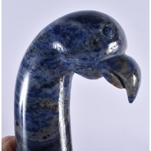 420 - A MIDDLE EASTERN CARVED LAPIS LAZULI BIRD HEAD HANDLES NIELLO DAGGER. 35 cm long.