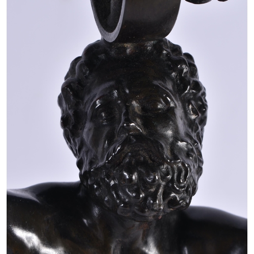 429 - A 19TH CENTURY EUROPEAN BRONZED SPELTER COUNTRY HOUSE GRAND TOUR LAMP formed as a male holding aloft... 