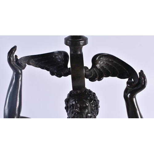 429 - A 19TH CENTURY EUROPEAN BRONZED SPELTER COUNTRY HOUSE GRAND TOUR LAMP formed as a male holding aloft... 