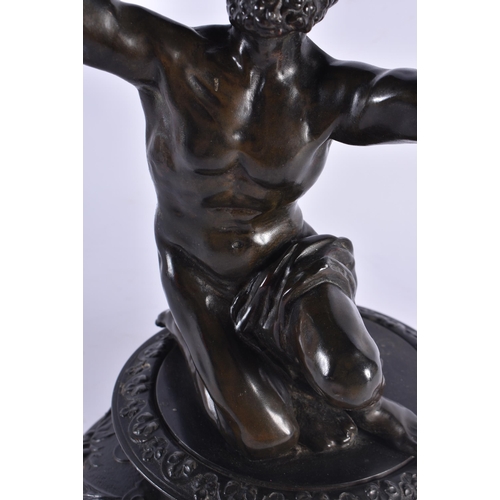 429 - A 19TH CENTURY EUROPEAN BRONZED SPELTER COUNTRY HOUSE GRAND TOUR LAMP formed as a male holding aloft... 