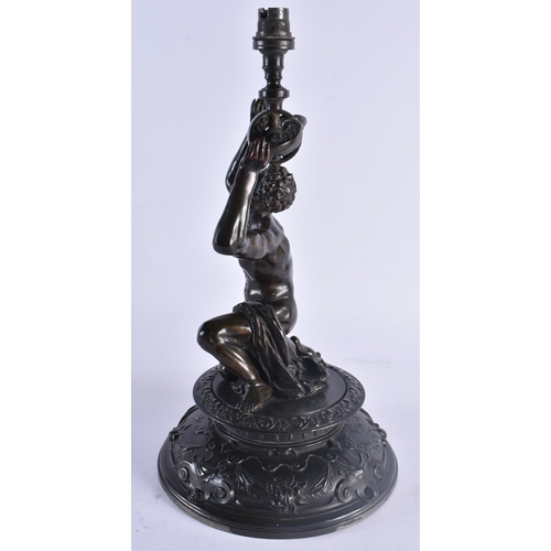 429 - A 19TH CENTURY EUROPEAN BRONZED SPELTER COUNTRY HOUSE GRAND TOUR LAMP formed as a male holding aloft... 