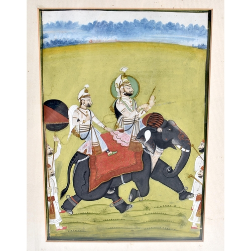 439 - Indian School (19th Century) Watercolour, Males riding upon an elephant within a landscape. 44 cm x ... 