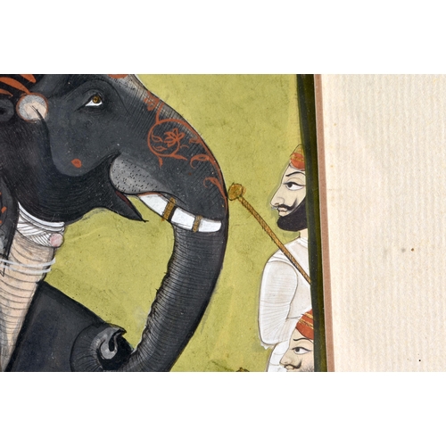 439 - Indian School (19th Century) Watercolour, Males riding upon an elephant within a landscape. 44 cm x ... 