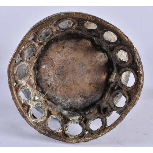 442 - AN AFRICAN TRIBAL BRONZE VESSEL AND COVER formed with figures upon an open work base. 24 cm x 13 cm.