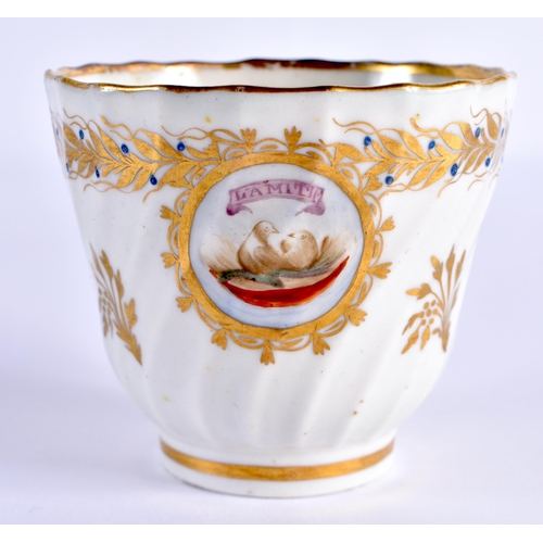 4 - A LATE 18TH/19TH CENTURY CHAMBERLAINS WORCESTER ARMORIAL CUP AND SAUCER painted with two love birds.... 
