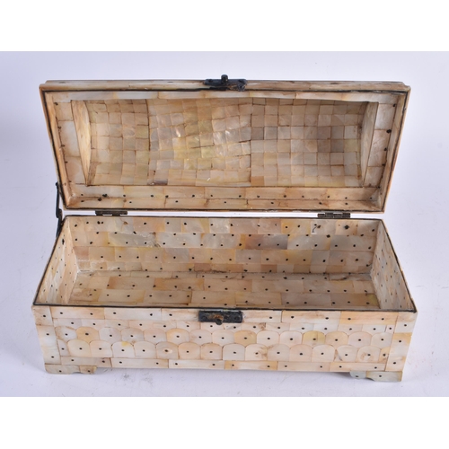 449 - A LARGE AND UNUSUAL INDIAN GOA CARVED MOTHER OF PEARL BOX. 27 cm x 15 cm.