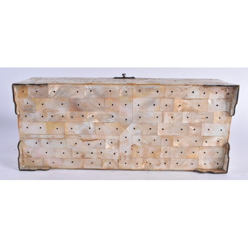 449 - A LARGE AND UNUSUAL INDIAN GOA CARVED MOTHER OF PEARL BOX. 27 cm x 15 cm.