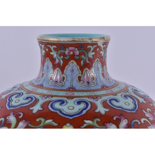 451 - A LOVELY CHINESE FAMILLE ROSE CORAL GROUND PORCELAIN VASE Jiaqing mark and probably of the period, b... 