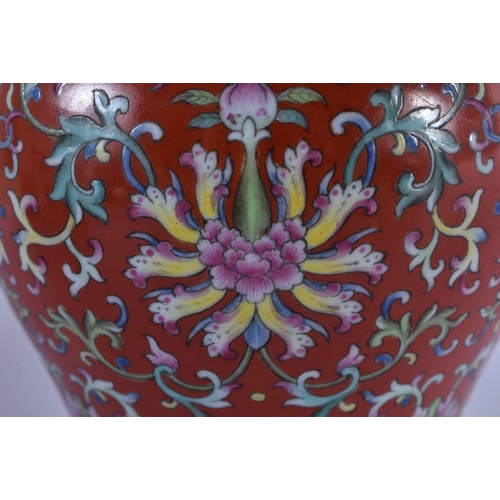 451 - A LOVELY CHINESE FAMILLE ROSE CORAL GROUND PORCELAIN VASE Jiaqing mark and probably of the period, b... 