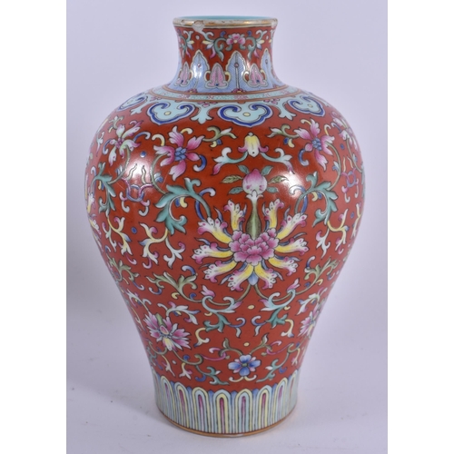 451 - A LOVELY CHINESE FAMILLE ROSE CORAL GROUND PORCELAIN VASE Jiaqing mark and probably of the period, b... 