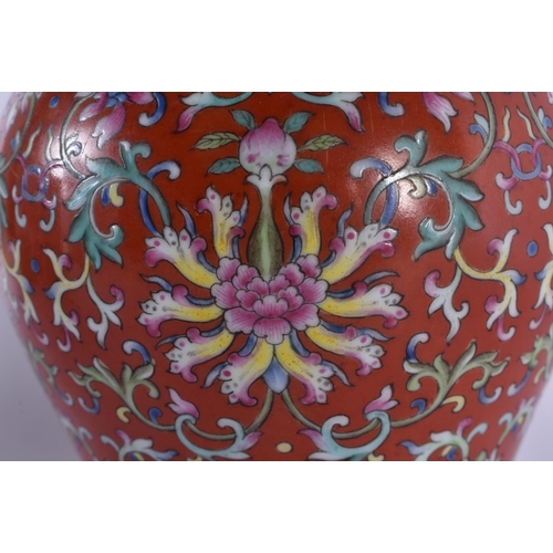 451 - A LOVELY CHINESE FAMILLE ROSE CORAL GROUND PORCELAIN VASE Jiaqing mark and probably of the period, b... 