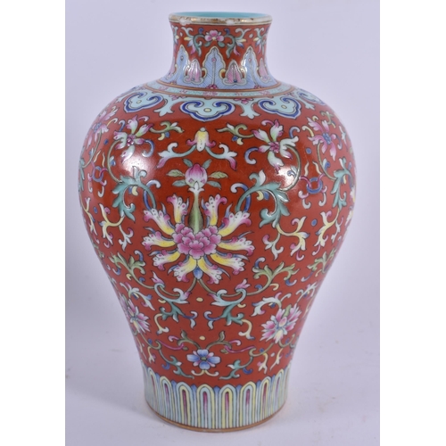 451 - A LOVELY CHINESE FAMILLE ROSE CORAL GROUND PORCELAIN VASE Jiaqing mark and probably of the period, b... 