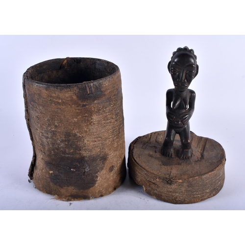 455 - AN AFRICAN TRIBAL CARVED WOOD AND HIDE FERTILITY BOX AND COVER. 37 cm high.