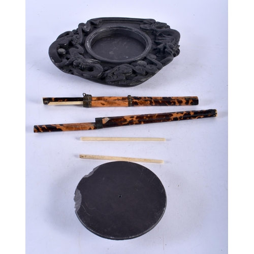 458 - A LARGE 19TH CENTURY CHINESE CARVED DUAN STONE BRUSH WASHER AND COVER together with a pair of chopst... 