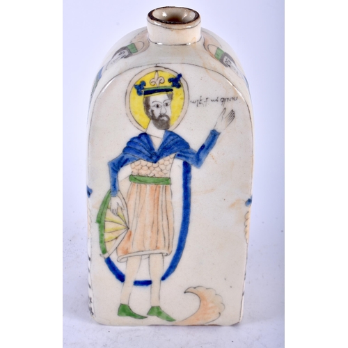 469 - AN ARMENIAN KUTAHYA POTTERY FLASK painted with Religious figures and scripture. 20 cm high.