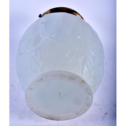 472 - AN ART DECO FRENCH DAVESN OPALESCENT GLASS LAMP decorated in relief with elephants. 27 cm high.