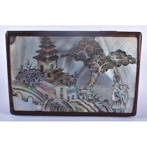 487 - A 19TH CENTURY CHINESE MOTHER OF PEARL INLAID HARDWOOD BOX Qing, decorated with figures in a landsca... 