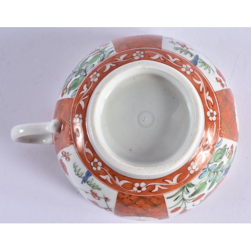 49 - AN 18TH CENTURY WORCESTER TEACUP AND SAUCER painted with the Scarlet Japan pattern. 11 cm wide. (2)