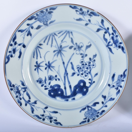 495 - A PAIR OF 17TH/18TH CENTURY CHINESE BLUE AND WHITE PORCELAIN PLATES Kangxi/Yongzheng. 23.5 cm diamet... 