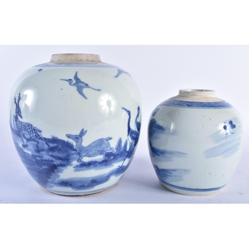 496 - TWO CHINESE QING DYNASTY BLUE AND WHITE PORCELAIN GINGER JARS. Largest 18cm x 14 cm. (2)